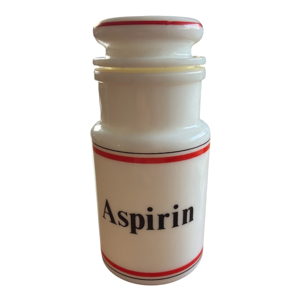 Vintage Milk Glass Aspirin Apothecary Jar White Red Stripe Decorative Bottle Lid